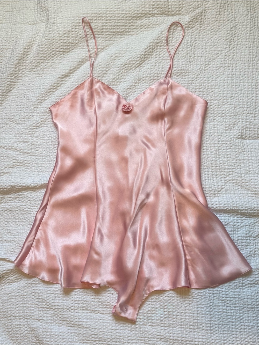 La Mouette Pale Pink Satin Teddy Romper with Rose Accent